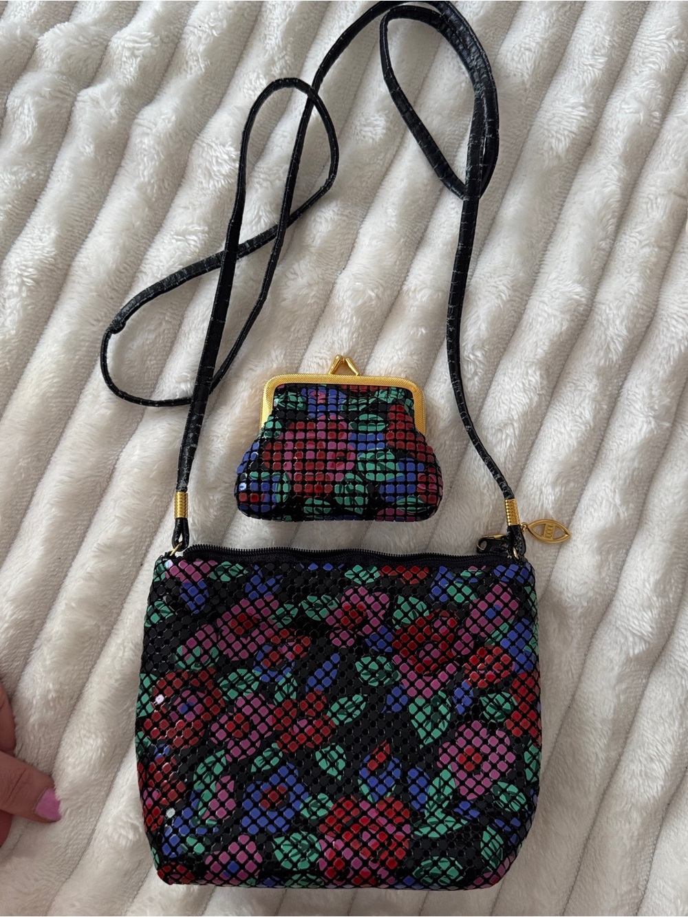 Black Floral Beaded Crossbody Bag with Coin Purse